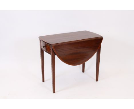 A 19th Century mahogany satinwood cross-banded and boxwood strung Pembroke table, the oval drop leaves above single drawer, r