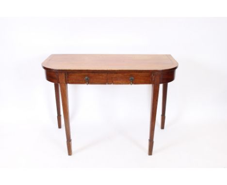 A 19th Century mahogany and boxwood strung D shaped side table, fitted two short drawers, raised on square tapering supports