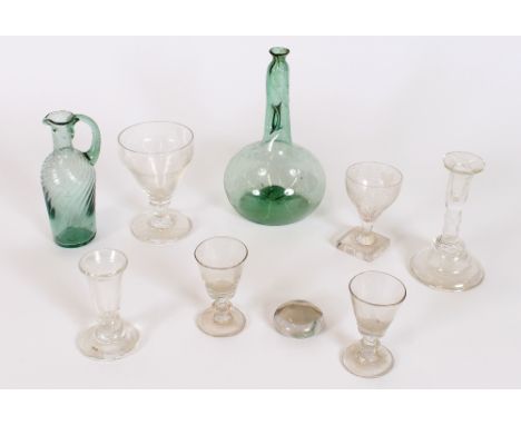 A Victorian glass rummer; 4 other 19th Century glasses; a glass candlestick; a green tinted Antique glass bottle of pinched f
