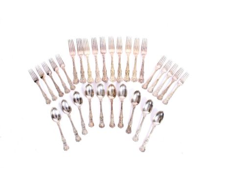 A suite of Victorian silver "Kings" pattern flatware, comprising ten table forks, ten dessert spoons, ten dessert forks, twel