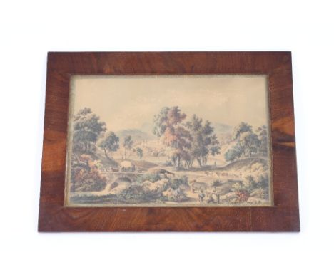 A 19th Century continental print, depicting cattle being herded in an expansive landscape contained in a figured mahogany fra