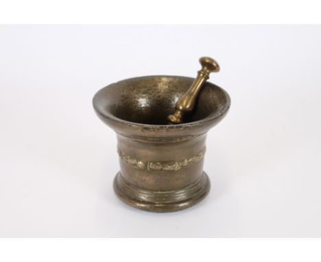 A 17th Century bronze mortar of good size, decorated two bands of scrolls and rose buds, 20.5cm dia.,17cm high; together with