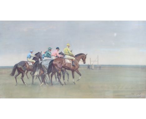 Sir Alfred Munnings, "October Meeting" pencil signed coloured print with inscription to "Tom Slocombe, The Everlasting From A