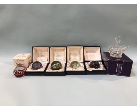 Fived boxed Caithness paperweights and an Edinburgh Crystal swan