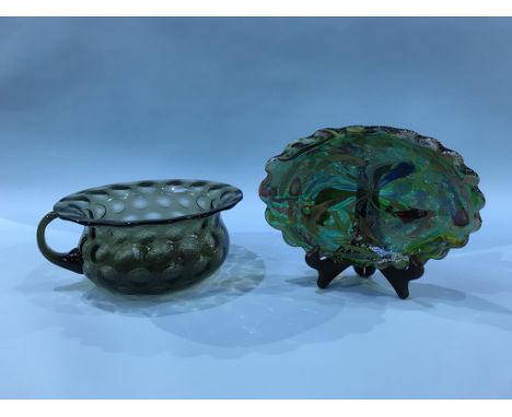 A Whitefriars glass chamber pot and a Millefiori oblong glass dish
