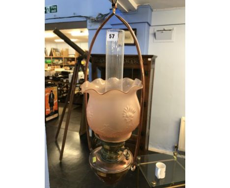 A copper and brass hanging, 'Maple of London' oil lamp, approximately 56cm length