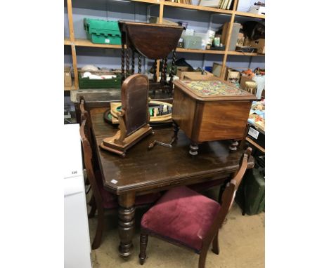 A dining table, five chairs, mirrors, commode and barley twist table etc.