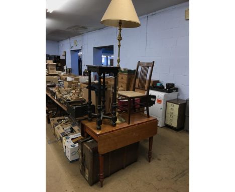 A drop leaf table, lamp and chair etc.
