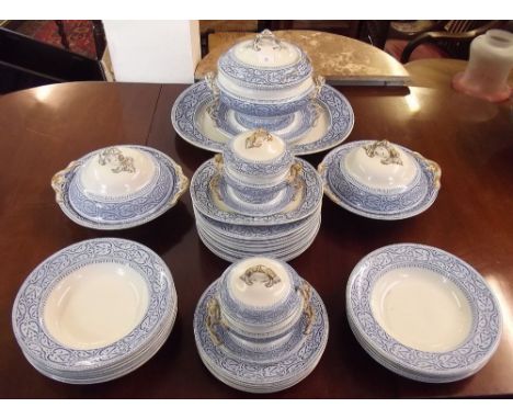 A Victorian Copeland Late Spode dinner service with blue banded decoration 'The Persian' comprising:- twelve dinner plates, t