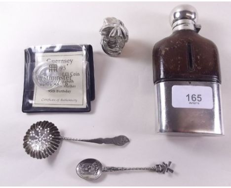 A James Dixon silver plated spirit flask, silver sifter spoon, silver coin etc.