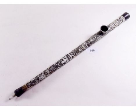 A Chinese bone and silver plated carved opium pipe decorated figures 