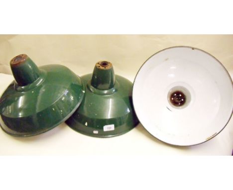Three large green painted enamel vintage industrial light shades 