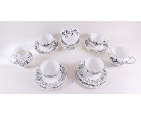 A Wedgwood Hathaway Rose teaset comprising: six cups and saucers, six tea plates, one sugar, one milk, one sugar, one cake pl