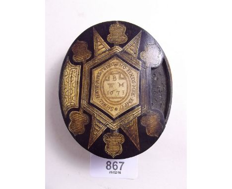 A 17th century marquetry and horn oval snuff box inscribed text and monogram 1671 - a/f