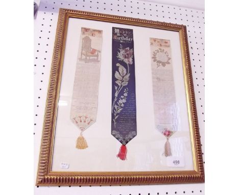 A set of three Stevengraph bookmarks: The last Rose of Summer, Happy Birthday and The Old Armchair 