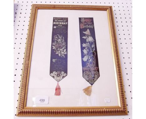 Two Stevengraph bookmarks framed "Happy Birthday"