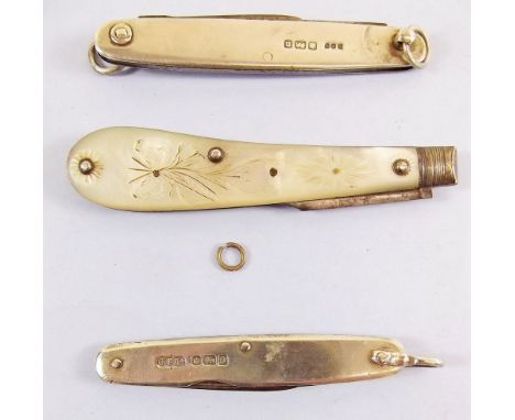 Two silver penknives and a mother of pearl one 