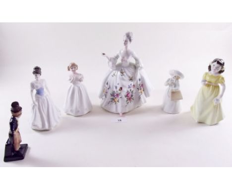 A Royal Doulton figure Diana HN2468, four smaller figures and Dick Swiveller figure 
