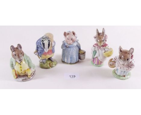 Five Beswick Beatrix Potter figures: Samuel Whiskas, Mrs Rabbit, Tommy Brock, Mrs Tittlemouse and Aunt Pettitoes 