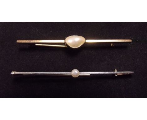 Two 9 carat gold pearl set bar brooches 