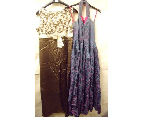 A John Selby vintage blue and pink evening dress and a brown and cream lace and satin sleeveless dress 