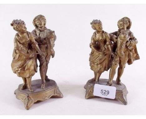 A pair of gilt spelter figures children and cat - 15cm tall 