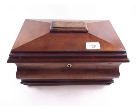 A Victorian mahogany tea caddy with fitted interior and glass bowl (foot missing)