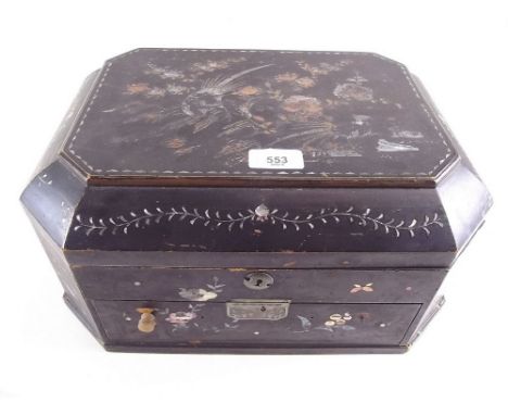A lacquer rise top work box with mother of pearl and painted decoration, fitted drawer below 