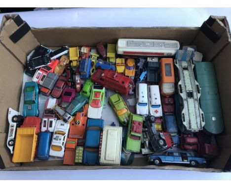 A box of playworn Matchbox Dinky and Corgi vehicles plus a boxed Matchbox Steer N Go set.