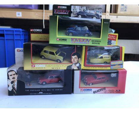 Five boxed Corgi cars from the world of film and television including Fawlty Towers, Only Fools and Horses, Mr. Bean, Buster 