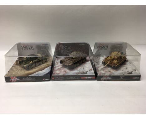 A collection of 5 boxed WW2 tanks including 3 Corgi legend models.