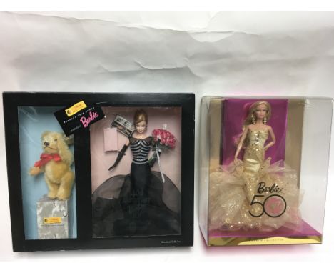 A boxed limited edition 40th Anniversary Barbie with Steiff bear and a Barbie 50th Anniversary example