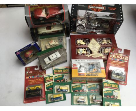 A collection of boxed model vehicles including Burago, Maisto, Joal, Corgi, Matchbox and Lledo