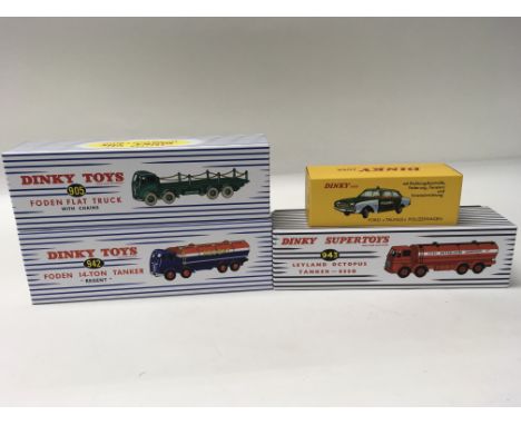 A collection of four boxed Dinky Toys by Atlas including Regent Tanker (No.942), a S/O Tanker (No.943), Foden flat truck with