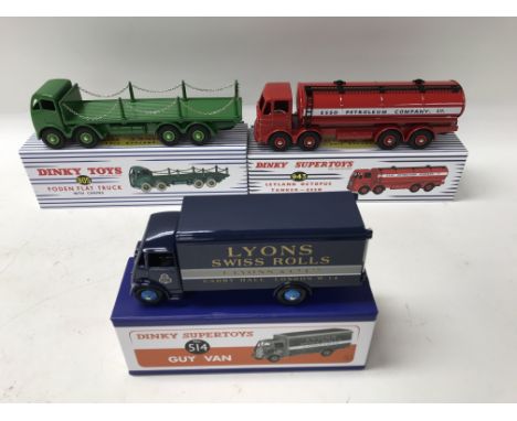 3 boxed Atlas Dinky model vehicles including Foden Flat Truck with chains No. 905, a Leyland Octopus Tanker - Esso No. 943 an