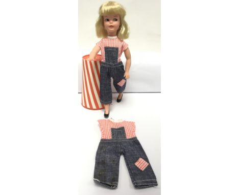 A 1966 Patch doll, (Sindy’s little sister), in original gingham dungaree outfit with a spare set.Made in Hong Kong, approx 23