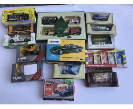 A box of later Corgi, Matchbox and Lledo Models including Corgi 50th E-Type Jaguar.