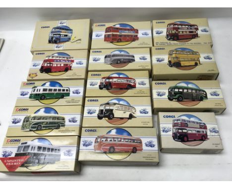 A large collection of boxed Corgi and Corgi Classics buses and trams.