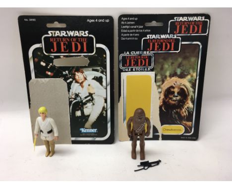 A collection of 6 vintage Star Wars: Return of The Jedi figures including Chewbacca (with original card back), Luke (Farmboy,