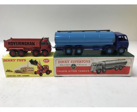 A collection of Dinky model vehicles including a Muir-Hill 2/WL Loader, No. 437, a Foden 14-Ton Tanker, No. 504 and a Breakdo