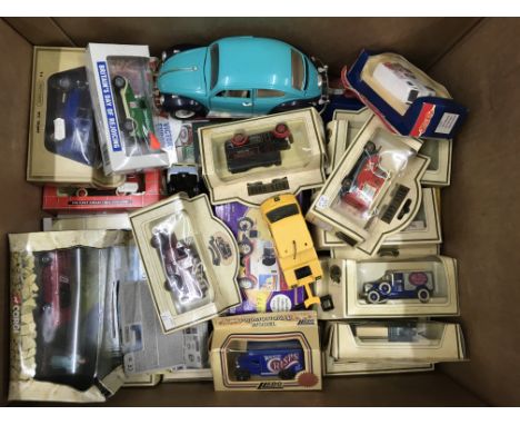 2 boxes containing a collection of boxed and unboxed model vehicles including Corgi, Dinky, Lledo, Matchbox 1:75, Models of Y