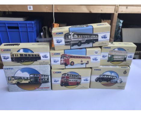 A collection of boxed Corgi/Corgi Classics buses and coaches.