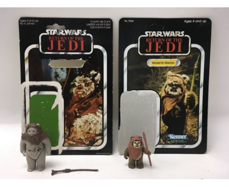 A collection of 4 vintage Star Wars: Return of The Jedi Ewok figures with original card backs, including Wicket W. Warrick, C