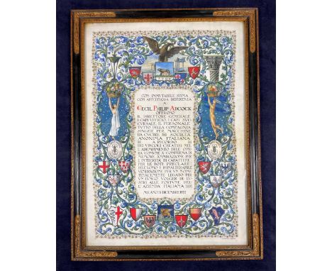 An illuminated Italian certificate awarded to Cecil Phillip Adcock for his work for the Singer Manufacturing Company, hand-pa