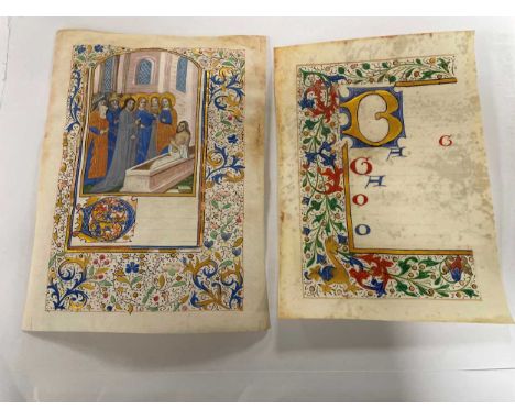 Two illuminated vellum leaves in 16th century style, one painted in colours with a resurrection scene within a foliate border