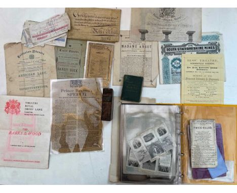 Ephemera, a small group. The Prince Regent's Speech 1819; various drawn bank cheques circa 1860s; Victorian theatre programme