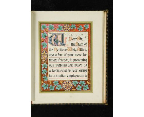 WARD (Marcus, & Co) An illuminated calligraphic manuscript address to 'Lewis Kidd Esq. On the occasion of his resigning the s