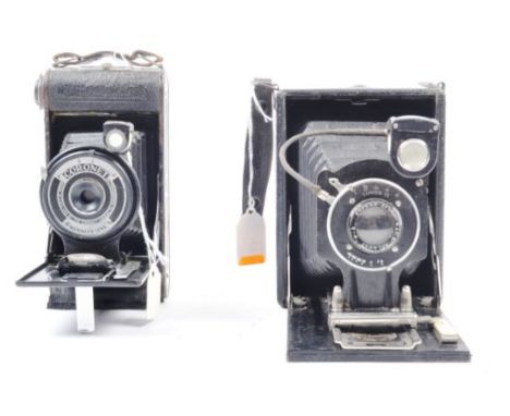 Two folding vintage cameras. Models are: Coronet folding 120, made in Birmingham, circa 1920-1940. And a Butchers Cameo foldi