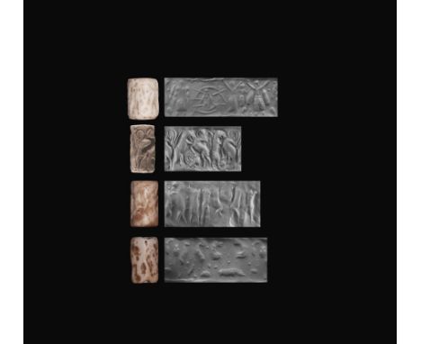 3rd millennium BC. Group of carved stone cylinder seals, all with original typed and signed scholarly notes by the late W. G.