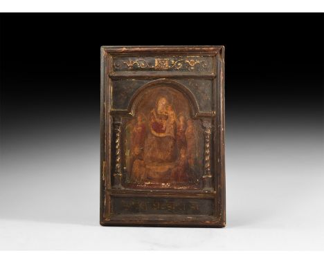 Mid 18th century AD and later. A rectangular wooden icon with moulded frame, upper and lower rectangular panels and lateral t